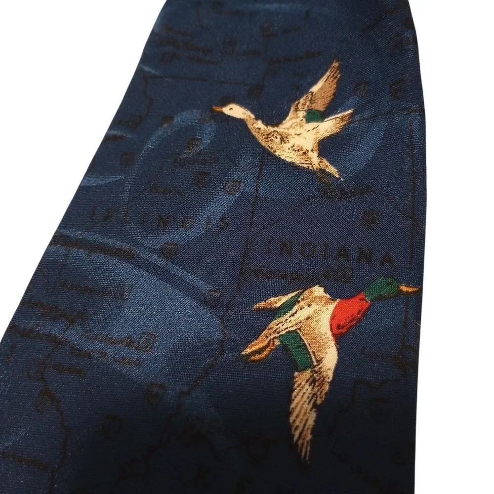 Waterfowl Mens Navy Blue Mallard Duck Map Print Silk Necktie Midwest Hunting Tie